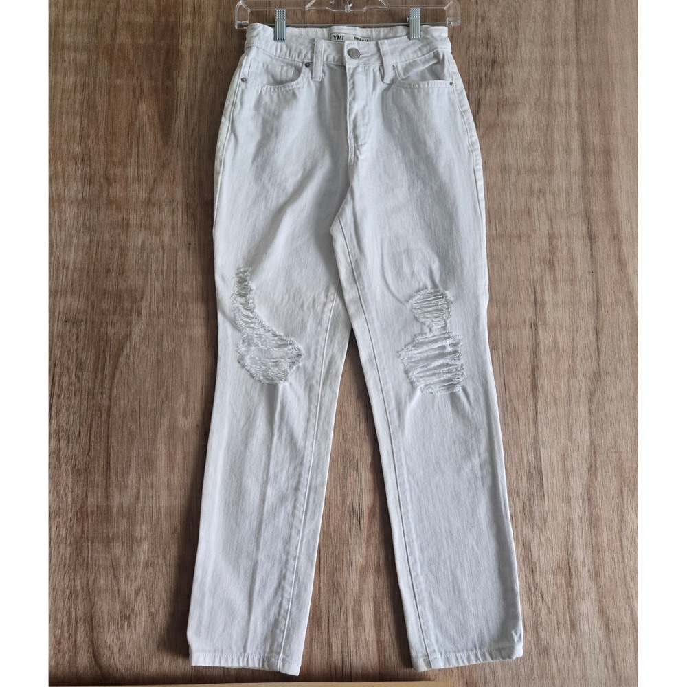 White Distressed High Waisted Straight Leg Denim Jeans Ripped Knees 3/26
